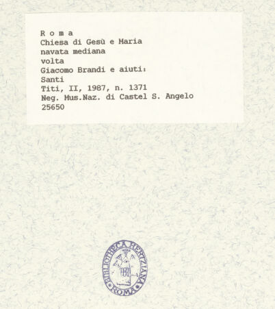 Rückseite von Museo Nazionale di Castel Sant'Angelo [https://www.deutsche-digitale-bibliothek.de/content/lizenzen/rv-ez/] Deckengemälde mit Gottvater und Maria mit dem Kind umgeben von Bildfeldern mit Heiligen, Seligen und EvangelistenHeilige - , bh425817_recto. Foto.