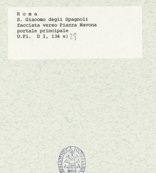 Rückseite von Bibliotheca Hertziana [https://www.deutsche-digitale-bibliothek.de/content/lizenzen/rv-fz/] San Giacomo degli SpagnoliWestfassade - Detail: Nebenportal, bh425927_recto. Foto.