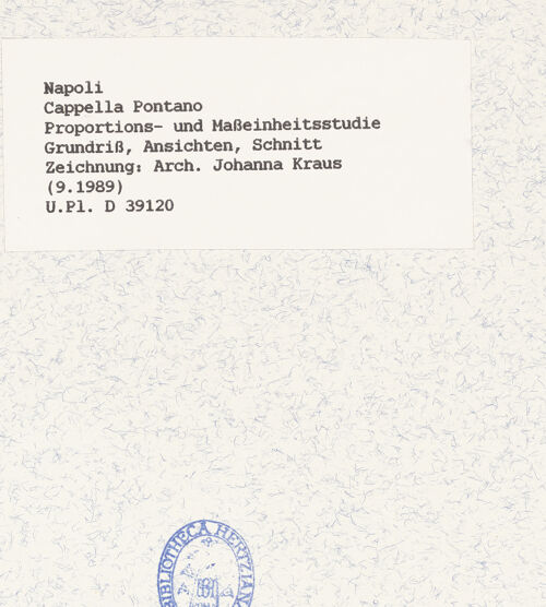 Rückseite von Bibliotheca Hertziana [https://www.deutsche-digitale-bibliothek.de/content/lizenzen/rv-fz/] Cappella Pontano - Grundriß, Ansichten, Schnitt. Zeichnung: Arch. Johanna Kraus, bh428073_recto. Foto.