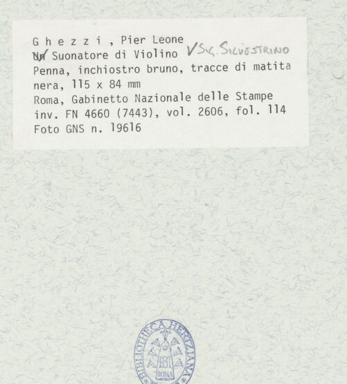 Rückseite von Gabinetto Nazionale delle Stampe [https://www.deutsche-digitale-bibliothek.de/content/lizenzen/rv-ez/] Herr Silvestrino, Geigenspieler - , bh432353_recto. Foto.
