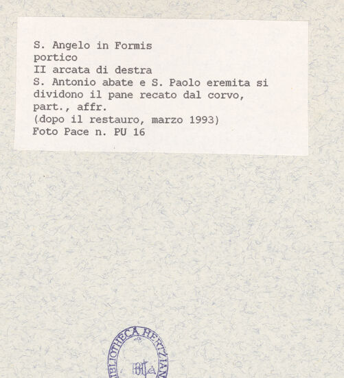 Rückseite von Pace, Valentino [https://www.deutsche-digitale-bibliothek.de/content/lizenzen/rv-fz/] Vier Szenen aus dem Leben der heiligen Einsiedler Antonius Abbas und PaulusDrittes Joch: Antonius und Paulus werden von einem Raben gespeist - Detail: heiliger Antonius (nach der Restaurierung), bh436183_recto. Foto: Pace, Valentino.