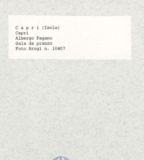 Rückseite von Alinari [https://www.deutsche-digitale-bibliothek.de/content/lizenzen/rv-ez/] Hotel Pagano - Bankettsaal, bh436611_recto. Foto.