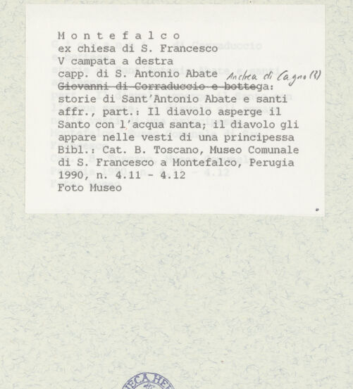 Rückseite von Museum [https://www.deutsche-digitale-bibliothek.de/content/lizenzen/rv-ez/] Szenen aus dem Leben des Heiligen Antonius Abbas und HeiligeChristus-Medaillon und weitere Szenen aus dem Leben des heiligen Antonius - Detail: Versuchung des heiligen Antonius Abbas, bh438896_recto. Foto.