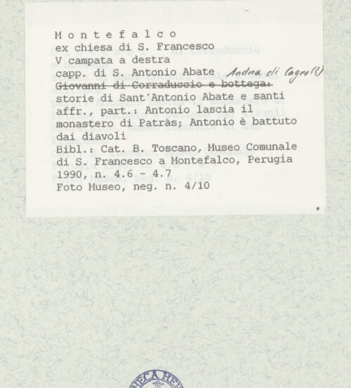 Rückseite von Museum [https://www.deutsche-digitale-bibliothek.de/content/lizenzen/rv-ez/] Szenen aus dem Leben des Heiligen Antonius Abbas und HeiligeDer heilige Antonius Abbas wird von Teufeln gequält; Flucht aus dem Kloster in Patras - Gesamtansicht, bh438899_recto. Foto.