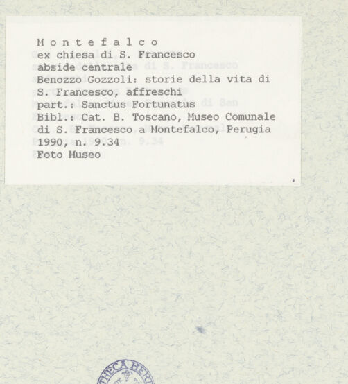 Rückseite von Museum [https://www.deutsche-digitale-bibliothek.de/content/lizenzen/rv-ez/] Szenen aus dem Leben des heiligen Franz von Assisi und Heilige - Apsisscheitelfenster: heiliger Fortunatus, bh438924_recto. Foto.