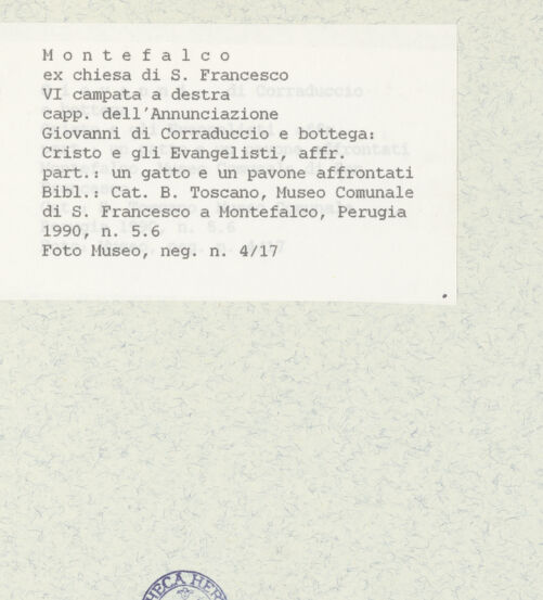 Rückseite von Museum [https://www.deutsche-digitale-bibliothek.de/content/lizenzen/rv-ez/] Kapellenausmalung - Nischendekoration mit trinkendem Pfau und Katze, bh438932_recto. Foto.