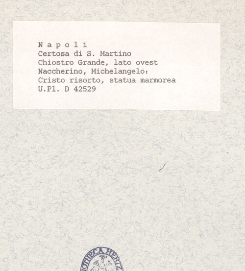 Rückseite von Bibliotheca Hertziana [https://www.deutsche-digitale-bibliothek.de/content/lizenzen/rv-fz/] Der auferstandene Christus - Frontalansicht, bh441445_recto. Foto.