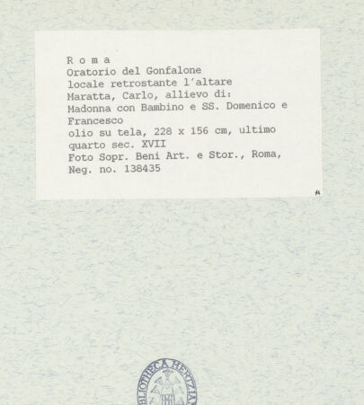 Rückseite von Sopr. BAS ROMA [https://www.deutsche-digitale-bibliothek.de/content/lizenzen/rv-ez/] Madonna mit den heiligen Dominikus und Franziskus - , bh443086_recto. Foto.