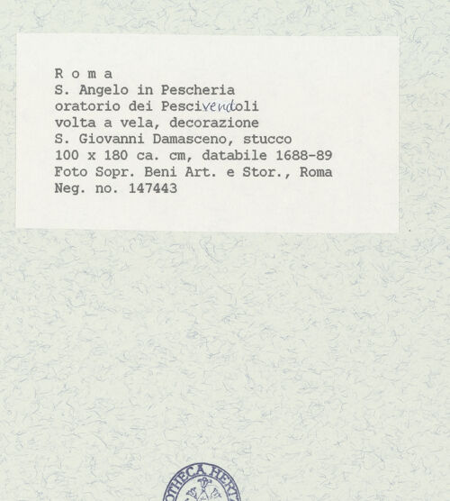 Rückseite von Sopr. BAS ROMA [https://www.deutsche-digitale-bibliothek.de/content/lizenzen/rv-ez/] Stichkappen der Decke des Oratoriums: verschiedene Heilige, Kirchenväter und EvangelistenJohannes von Damaskus - Gesamtaufnahme, bh444658_recto. Foto.