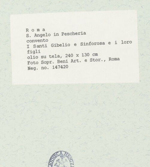 Rückseite von Sopr. BAS ROMA [https://www.deutsche-digitale-bibliothek.de/content/lizenzen/rv-ez/] Die heiligen Gibelius und Sinforosa mit ihren Söhnen - Gesamtaufnahme, bh444670_recto. Foto.