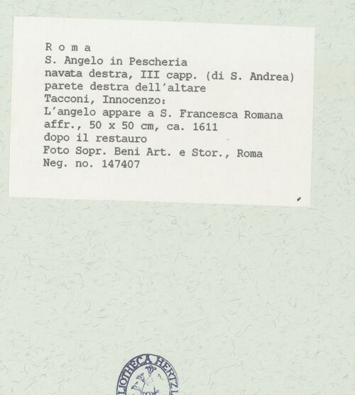 Rückseite von Sopr. BAS ROMA [https://www.deutsche-digitale-bibliothek.de/content/lizenzen/rv-ez/] Wand- und Deckenmalereien in der AndreaskapelleFresken der Altarwand: Santa Francesca Romana und Franziskus - Feld über dem Franziskafresko: Franziska erscheint ein Engel, bh444695_recto. Foto.