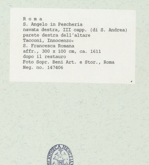 Rückseite von Sopr. BAS ROMA [https://www.deutsche-digitale-bibliothek.de/content/lizenzen/rv-ez/] Wand- und Deckenmalereien in der AndreaskapelleFresken der Altarwand: Santa Francesca Romana und Franziskus - Die heilige Franziska, bh444698_recto. Foto.