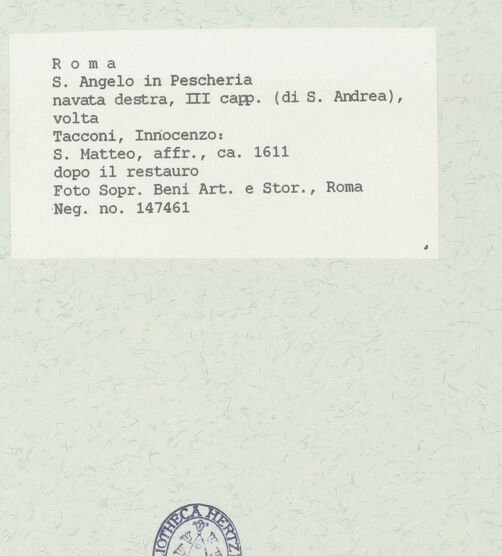 Rückseite von Sopr. BAS ROMA [https://www.deutsche-digitale-bibliothek.de/content/lizenzen/rv-ez/] Wand- und Deckenmalereien in der AndreaskapelleDeckenfresken in der Cappella di Sant'AndreaDie vier Evangelisten - Matthäus, bh444707_recto. Foto.