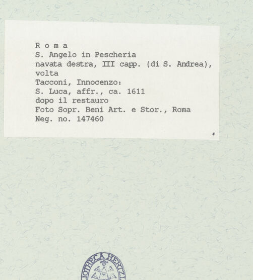 Rückseite von Sopr. BAS ROMA [https://www.deutsche-digitale-bibliothek.de/content/lizenzen/rv-ez/] Wand- und Deckenmalereien in der AndreaskapelleDeckenfresken in der Cappella di Sant'AndreaDie vier Evangelisten - Lukas, bh444708_recto. Foto.