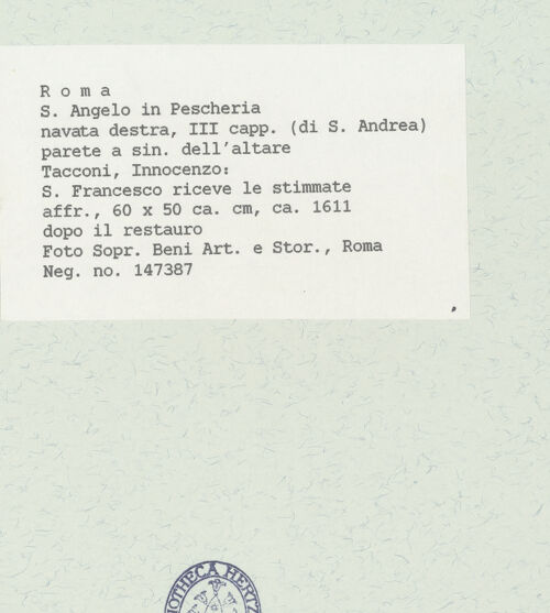 Rückseite von Sopr. BAS ROMA [https://www.deutsche-digitale-bibliothek.de/content/lizenzen/rv-ez/] Wand- und Deckenmalereien in der AndreaskapelleFresken der Altarwand: Santa Francesca Romana und Franziskus - Feld über dem Franziskusfresko: Franziskus empfängt die Stigmata, bh444712_recto. Foto.