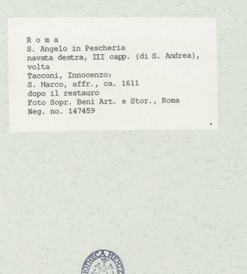 Rückseite von Sopr. BAS ROMA [https://www.deutsche-digitale-bibliothek.de/content/lizenzen/rv-ez/] Wand- und Deckenmalereien in der AndreaskapelleDeckenfresken in der Cappella di Sant'AndreaDie vier Evangelisten - Markus, bh444713_recto. Foto.