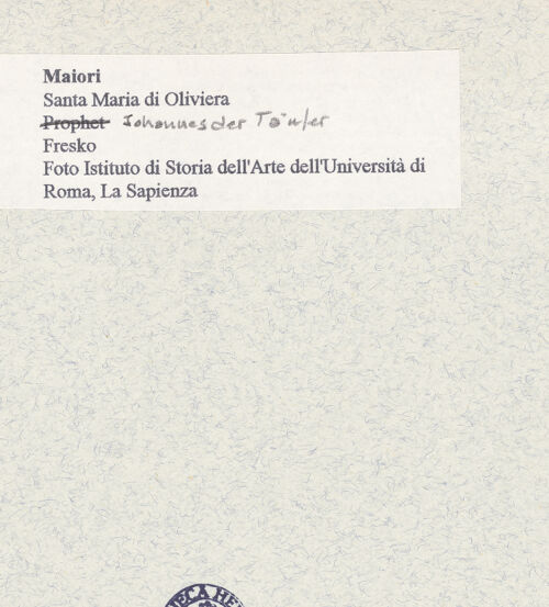Rückseite von Istituto di Storia dell'Arte dell'Università di Roma, La Sapienza [https://www.deutsche-digitale-bibliothek.de/content/lizenzen/rv-ez/] Zyklus der oberen KapelleMadonna zwischen den heiligen Nikolaus, Paulinus, Johannes dem Täufer und Johannes dem Evangelisten - Johannes der Täufer (vor der Restaurierung), bh445653_recto. Foto.