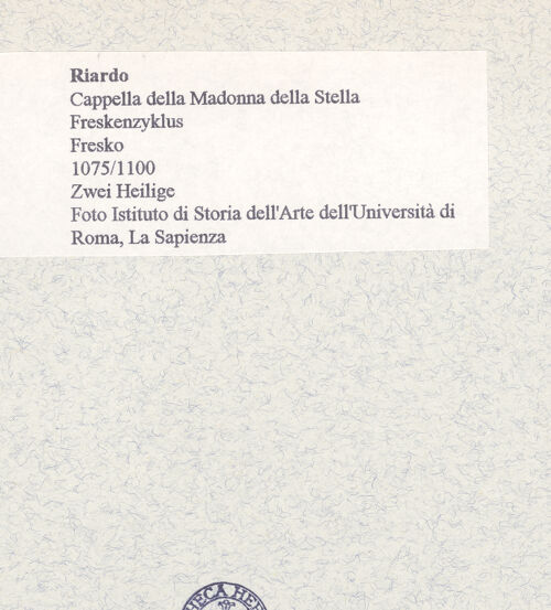 Rückseite von Istituto di Storia dell'Arte dell'Università di Roma, La Sapienza [https://www.deutsche-digitale-bibliothek.de/content/lizenzen/rv-ez/] WandbildzyklusThronende Madonna zwischen Heiligen - Zwei Heilige (Apostel? vor der Restaurierung), bh445664_recto. Foto.