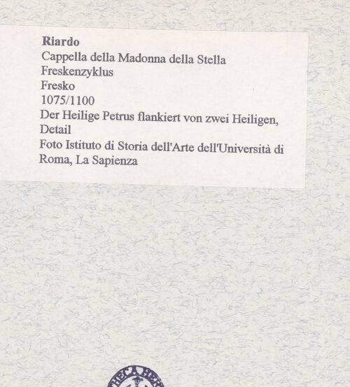 Rückseite von Istituto di Storia dell'Arte dell'Università di Roma, La Sapienza [https://www.deutsche-digitale-bibliothek.de/content/lizenzen/rv-ez/] WandbildzyklusThronende Madonna zwischen Heiligen - Heiliger Petrus zwischen zwei Heiligen, Detail (vor der Restaurierung), bh445670_recto. Foto.