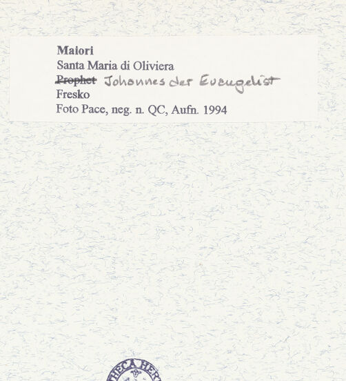 Rückseite von Pace, Valentino [https://www.deutsche-digitale-bibliothek.de/content/lizenzen/rv-ez/] Zyklus der oberen KapelleMadonna zwischen den heiligen Nikolaus, Paulinus, Johannes dem Täufer und Johannes dem Evangelisten - Johannes der Evangelist, Detail (nach der Restaurierung), bh445731_recto. Foto: Pace, Valentino.