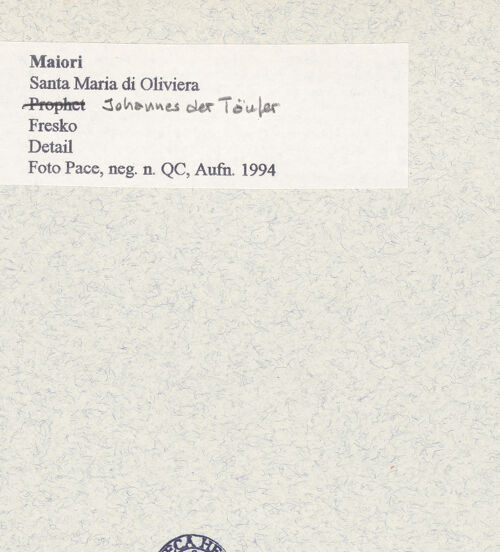 Rückseite von Pace, Valentino [https://www.deutsche-digitale-bibliothek.de/content/lizenzen/rv-ez/] Zyklus der oberen KapelleMadonna zwischen den heiligen Nikolaus, Paulinus, Johannes dem Täufer und Johannes dem Evangelisten - Johannes der Täufer, Detail (nach der Restaurierung), bh445739_recto. Foto: Pace, Valentino.