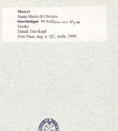 Rückseite von Pace, Valentino [https://www.deutsche-digitale-bibliothek.de/content/lizenzen/rv-ez/] Zyklus der oberen KapelleMadonna zwischen den heiligen Nikolaus, Paulinus, Johannes dem Täufer und Johannes dem Evangelisten - Nikolaus von Myra, Detail (nach der Restaurierung), bh445741_recto. Foto: Pace, Valentino.