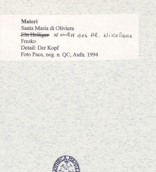 Rückseite von Pace, Valentino [https://www.deutsche-digitale-bibliothek.de/content/lizenzen/rv-ez/] Zyklus der oberen KapelleHeiliger Nikolaus befreit drei Soldaten aus der Gefangenschaft, indem er Kaiser Konstantin und dem Eparchen im Traum erscheint - Heiliger Nikolaus erscheint dem Eparchen im Traum, Detail (nach der Restaurierung), bh445742_recto. Foto: Pace, Valentino.