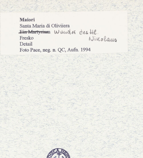 Rückseite von Pace, Valentino [https://www.deutsche-digitale-bibliothek.de/content/lizenzen/rv-ez/] Zyklus der oberen KapelleHeiliger Nikolaus verhindert die Enthauptung dreier unschuldiger Soldaten - Detail (nach der Restaurierung), bh445743_recto. Foto: Pace, Valentino.