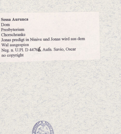 Rückseite von Bibliotheca Hertziana [https://www.deutsche-digitale-bibliothek.de/content/lizenzen/rv-fz/] Szenen aus der Geschichte des Jonas (Jonas predigt in Ninive und Jonas wird aus dem Wal ausgespien) - Gesamtansicht, bh447390_recto. Foto: Savio, Oscar.