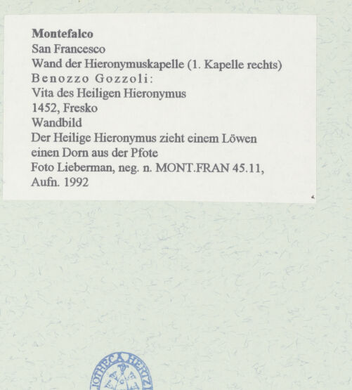 Rückseite von Lieberman, Ralph [https://www.deutsche-digitale-bibliothek.de/content/lizenzen/rv-ez/] Kapellenausmalung: Geschichte des heiligen Hieronymus und HeiligeSzenen aus dem Leben des heiligen HieronymusDer heilige Hieronymus zieht dem Löwen den Dorn heraus - , bh448751_recto. Foto.