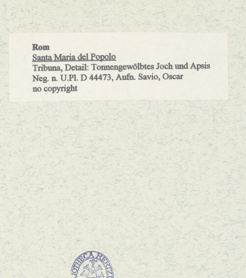 Rückseite von Bibliotheca Hertziana [https://www.deutsche-digitale-bibliothek.de/content/lizenzen/rv-fz/] Santa Maria del Popolo - Tribuna, Detail: tonnengewölbtes Joch und Apsis, bh449630_recto. Foto: Savio, Oscar.