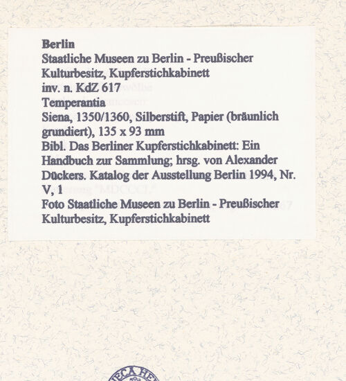 Rückseite von Staatliche Museen zu Berlin - Preußischer Kulturbesitz, Kupferstichkabinett [https://www.deutsche-digitale-bibliothek.de/content/lizenzen/rv-ez/] Allegorische Frauenfigur, Temperantia, mit einer Kanne, daneben ein dreigesichtiger Kopf - , bh450281_recto. Foto.