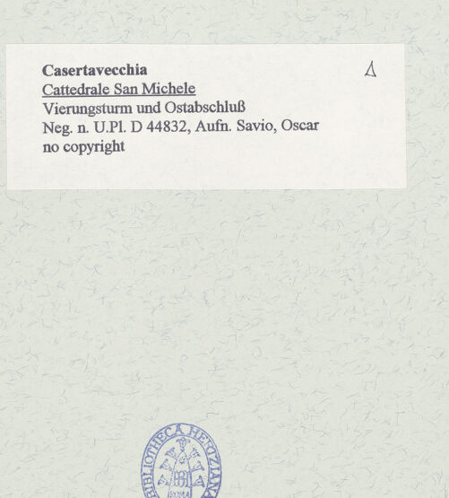 Rückseite von Bibliotheca Hertziana [https://www.deutsche-digitale-bibliothek.de/content/lizenzen/rv-fz/] DuomoApsiden - Vierungsturm und Ostabschluss, bh451084_recto. Foto: Savio, Oscar.