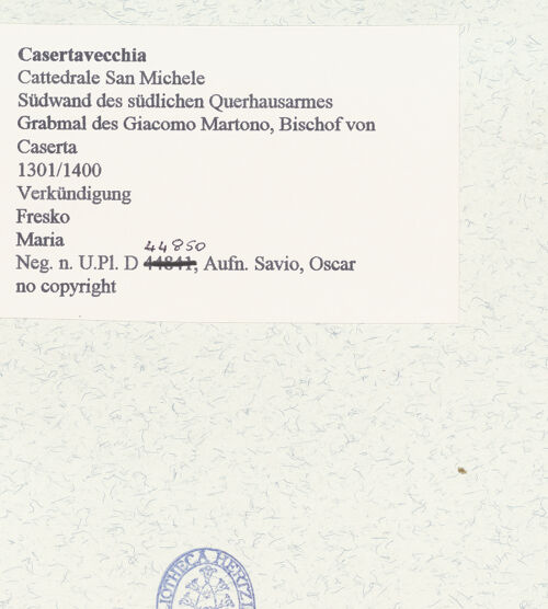 Rückseite von Bibliotheca Hertziana [https://www.deutsche-digitale-bibliothek.de/content/lizenzen/rv-fz/] Grabmal des Bischofs Giacomo MartonoVerkündigung - Detail, Maria, bh451086_recto. Foto: Savio, Oscar.