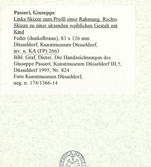 Rückseite von Museum Kunstpalast [https://www.deutsche-digitale-bibliothek.de/content/lizenzen/rv-ez/] Links Skizze zum Profil einer Rahmung. Rechts Skizze zu einer sitzenden weiblichen Gestalt mit Kind - , bh451208_recto. Foto.