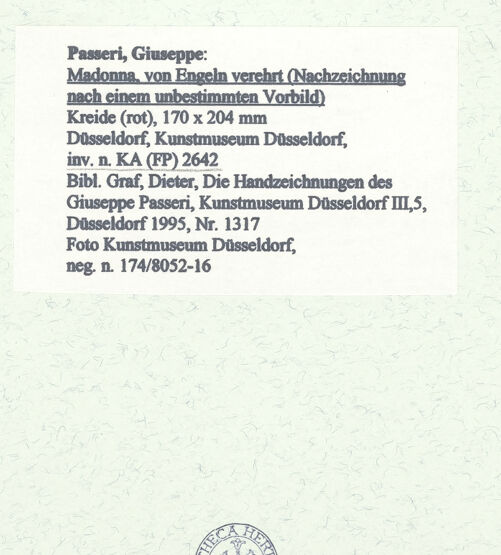 Rückseite von Museum Kunstpalast [https://www.deutsche-digitale-bibliothek.de/content/lizenzen/rv-ez/] Madonna, von Engeln verehrt (Nachzeichnung nach einem unbestimmten Vorbild) - , bh451385_recto. Foto.