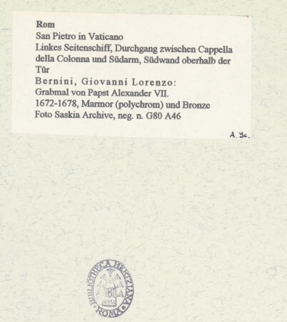 Rückseite von Bibliotheca Hertziana [https://www.deutsche-digitale-bibliothek.de/content/lizenzen/rv-fz/] Grabmal von Papst Alexander VII. ChigiPapst Alexander VII. - Gesamtaufnahme von leicht rechts, bh452007_recto. Foto: Wiedenhoeft, Ron.