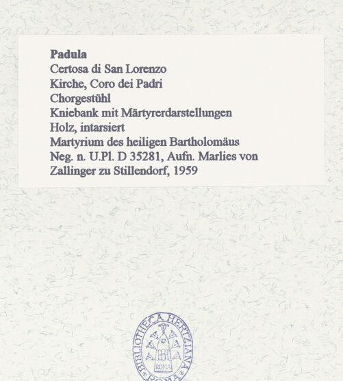Rückseite von Bibliotheca Hertziana [https://www.deutsche-digitale-bibliothek.de/content/lizenzen/rv-fz/] Coro dei Padri (Chor der Mönche)Kniebank mit MärtyrerdarstellungenBildfeld 11 und 12: Martyrium des heiligen Bartholomäus und des heiligen Johannes des Evangelisten - Martyrium des heiligen Bartholomäus, bh452807_recto. Foto: Zallinger zu Stillendorf, Marlies von.