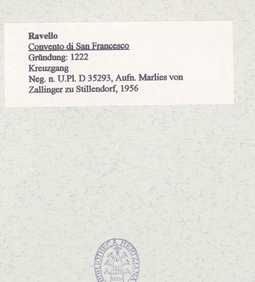 Rückseite von Bibliotheca Hertziana [https://www.deutsche-digitale-bibliothek.de/content/lizenzen/rv-fz/] Convento di San Francesco - Galerie, bh452811_recto. Foto: Zallinger zu Stillendorf, Marlies von.
