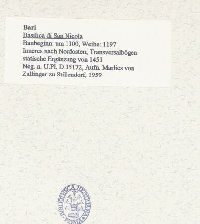 Rückseite von Bibliotheca Hertziana [https://www.deutsche-digitale-bibliothek.de/content/lizenzen/rv-fz/] San NicolaMittelschiff - Inneres nach Nordosten; Transversalbögen statische Ergänzung von 1451, bh454103_recto. Foto: Zallinger zu Stillendorf, Marlies von.
