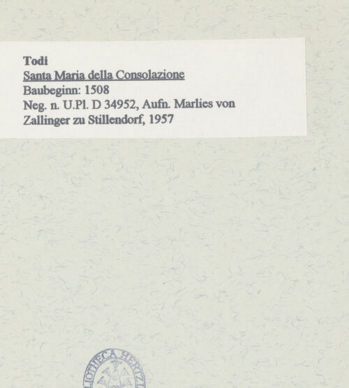 Rückseite von Bibliotheca Hertziana [https://www.deutsche-digitale-bibliothek.de/content/lizenzen/rv-fz/] Santa Maria della Consolazione - Ansicht von Nordwesten, bh454575_recto. Negativ: Zallinger zu Stillendorf, Marlies von.