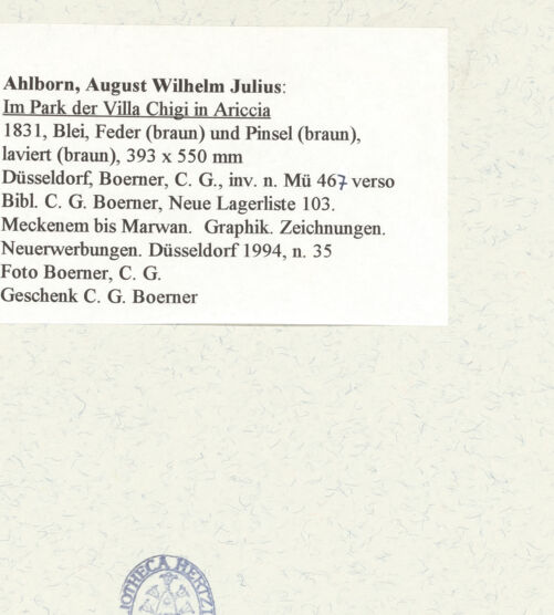 Rückseite von Boerner, C. G. [https://www.deutsche-digitale-bibliothek.de/content/lizenzen/rv-fz/] Im Park der Villa Chigi in Ariccia - , bh454580_recto. Foto.