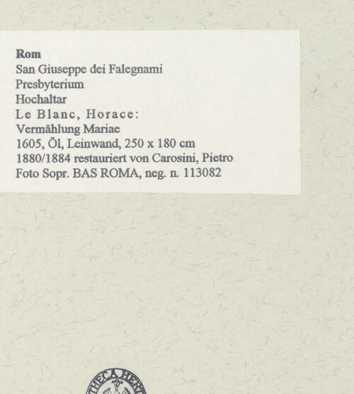 Rückseite von Sopr. BAS ROMA [https://www.deutsche-digitale-bibliothek.de/content/lizenzen/rv-ez/] San Giuseppe dei Falegnami - Blick in den Chor mit Hochaltar (von Horace Le Blanc "Vermählung Mariae"), bh454755_recto. Foto.