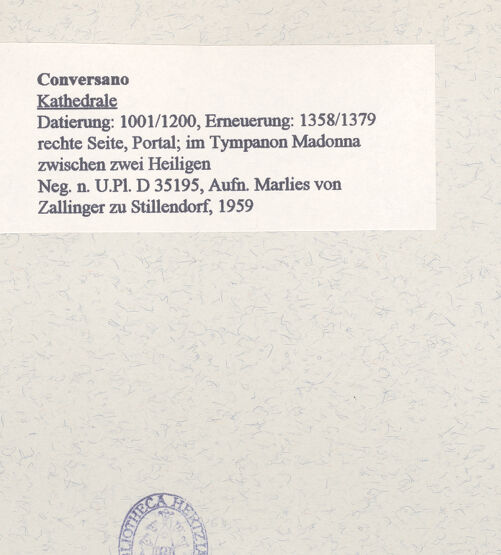 Rückseite von Bibliotheca Hertziana [https://www.deutsche-digitale-bibliothek.de/content/lizenzen/rv-fz/] Portal (Madonna) - Teilansicht, bh454760_recto. Foto: Zallinger zu Stillendorf, Marlies von.