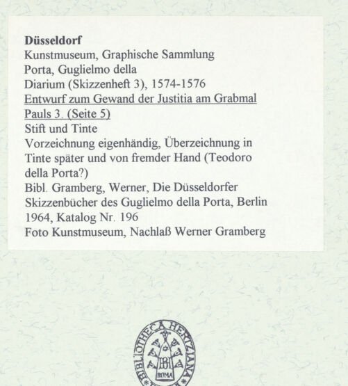 Rückseite von Museum Kunstpalast [https://www.deutsche-digitale-bibliothek.de/content/lizenzen/rv-ez/] L'arte del disegno, e le vivezze dell'ingegno di Guglielmo della Porta celebre scultore, et architetto ... (2 Bände)Zweiter (kleiner) Band mit zwei Skizzenbüchern und einem angefügten KonvolutDas dritte Skizzenheft oder DiariumSeite 5: Entwurf zum Gewand der Justitia am Grabmal Pauls 3. - , bh455901_recto. Foto.