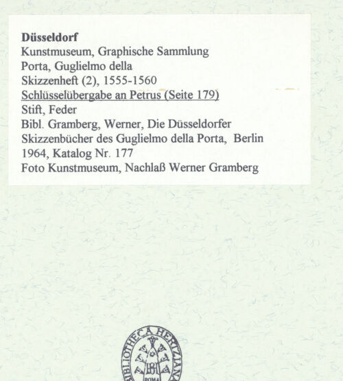 Rückseite von Museum Kunstpalast [https://www.deutsche-digitale-bibliothek.de/content/lizenzen/rv-ez/] L'arte del disegno, e le vivezze dell'ingegno di Guglielmo della Porta celebre scultore, et architetto ... (2 Bände)Zweiter (kleiner) Band mit zwei Skizzenbüchern und einem angefügten KonvolutDas zweite SkizzenheftSeite 179: Schlüsselübergabe an Petrus - , bh455907_recto. Foto.