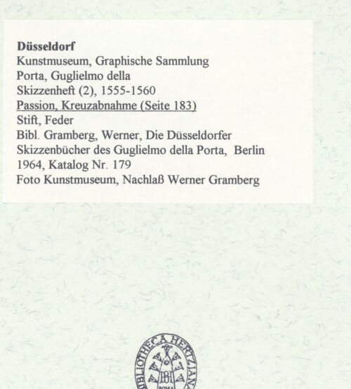 Rückseite von Museum Kunstpalast [https://www.deutsche-digitale-bibliothek.de/content/lizenzen/rv-ez/] L'arte del disegno, e le vivezze dell'ingegno di Guglielmo della Porta celebre scultore, et architetto ... (2 Bände)Zweiter (kleiner) Band mit zwei Skizzenbüchern und einem angefügten KonvolutDas zweite SkizzenheftSeite 183: Passion: Die Kreuzabnahme - , bh455908_recto. Foto.