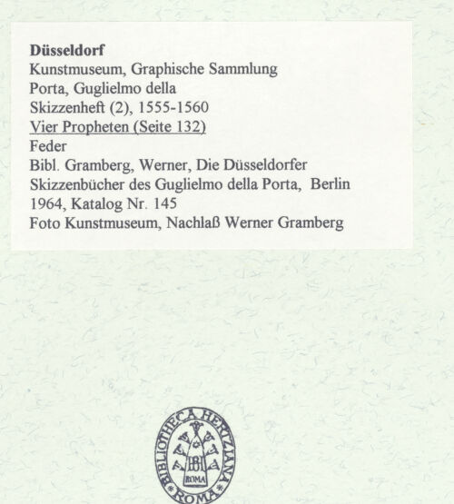 Rückseite von Museum Kunstpalast [https://www.deutsche-digitale-bibliothek.de/content/lizenzen/rv-ez/] L'arte del disegno, e le vivezze dell'ingegno di Guglielmo della Porta celebre scultore, et architetto ... (2 Bände)Zweiter (kleiner) Band mit zwei Skizzenbüchern und einem angefügten KonvolutDas zweite SkizzenheftSeite 132: Vier Propheten - , bh455937_recto. Foto.