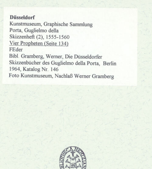 Rückseite von Museum Kunstpalast [https://www.deutsche-digitale-bibliothek.de/content/lizenzen/rv-ez/] L'arte del disegno, e le vivezze dell'ingegno di Guglielmo della Porta celebre scultore, et architetto ... (2 Bände)Zweiter (kleiner) Band mit zwei Skizzenbüchern und einem angefügten KonvolutDas zweite SkizzenheftSeite 134: Vier Propheten - , bh455938_recto. Foto.