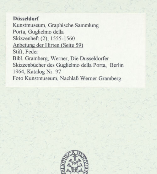 Rückseite von Museum Kunstpalast [https://www.deutsche-digitale-bibliothek.de/content/lizenzen/rv-ez/] L'arte del disegno, e le vivezze dell'ingegno di Guglielmo della Porta celebre scultore, et architetto ... (2 Bände)Zweiter (kleiner) Band mit zwei Skizzenbüchern und einem angefügten KonvolutDas zweite SkizzenheftSeite 59: Anbetung der Hirten - , bh455974_recto. Foto.